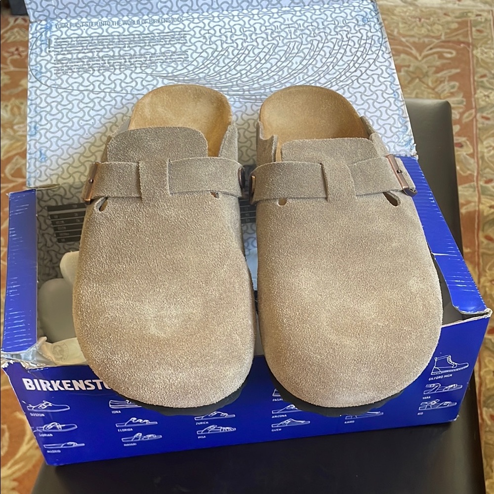 Birkenstock Boston Taupe Suede Clogs